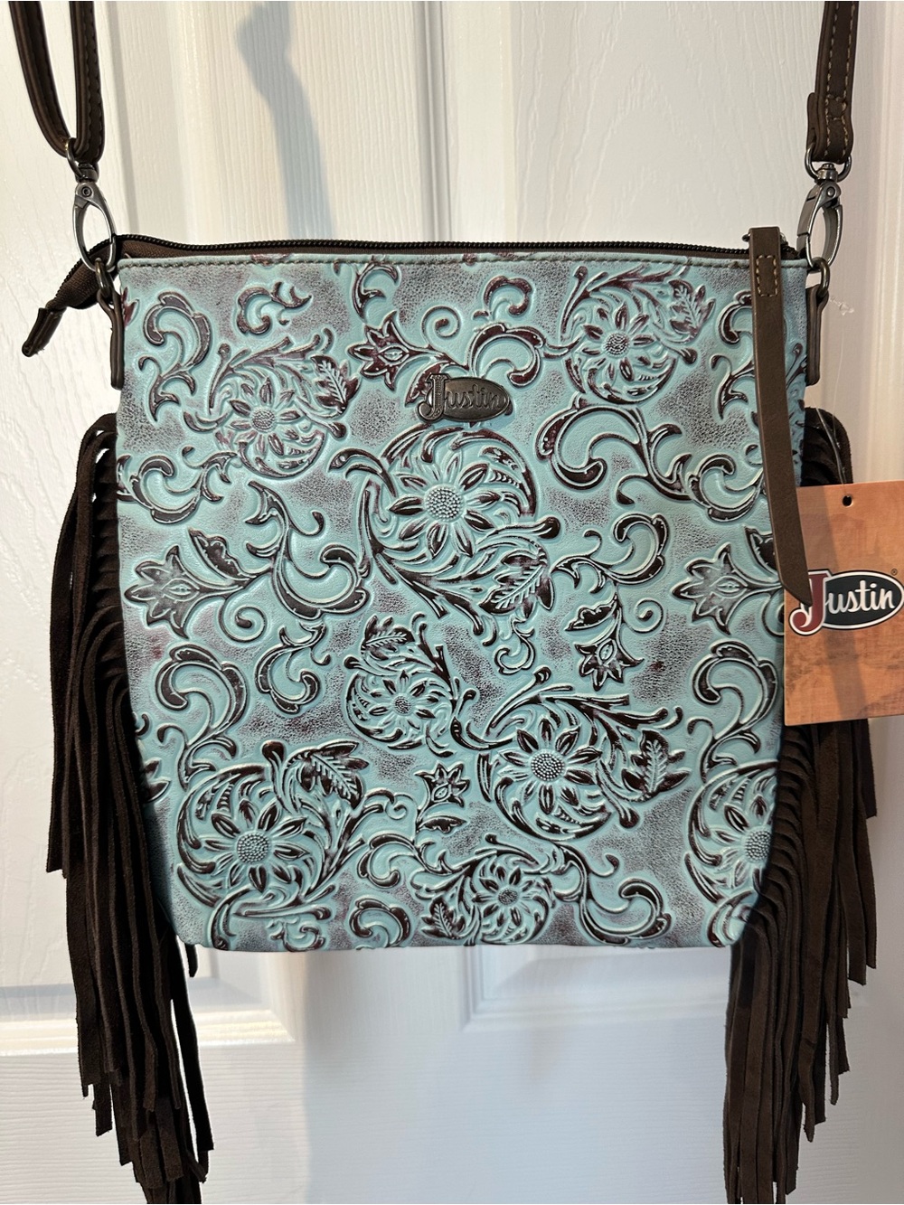 Justin Boots Turquoise Tooled Embossed Floral Fringe Crossbody